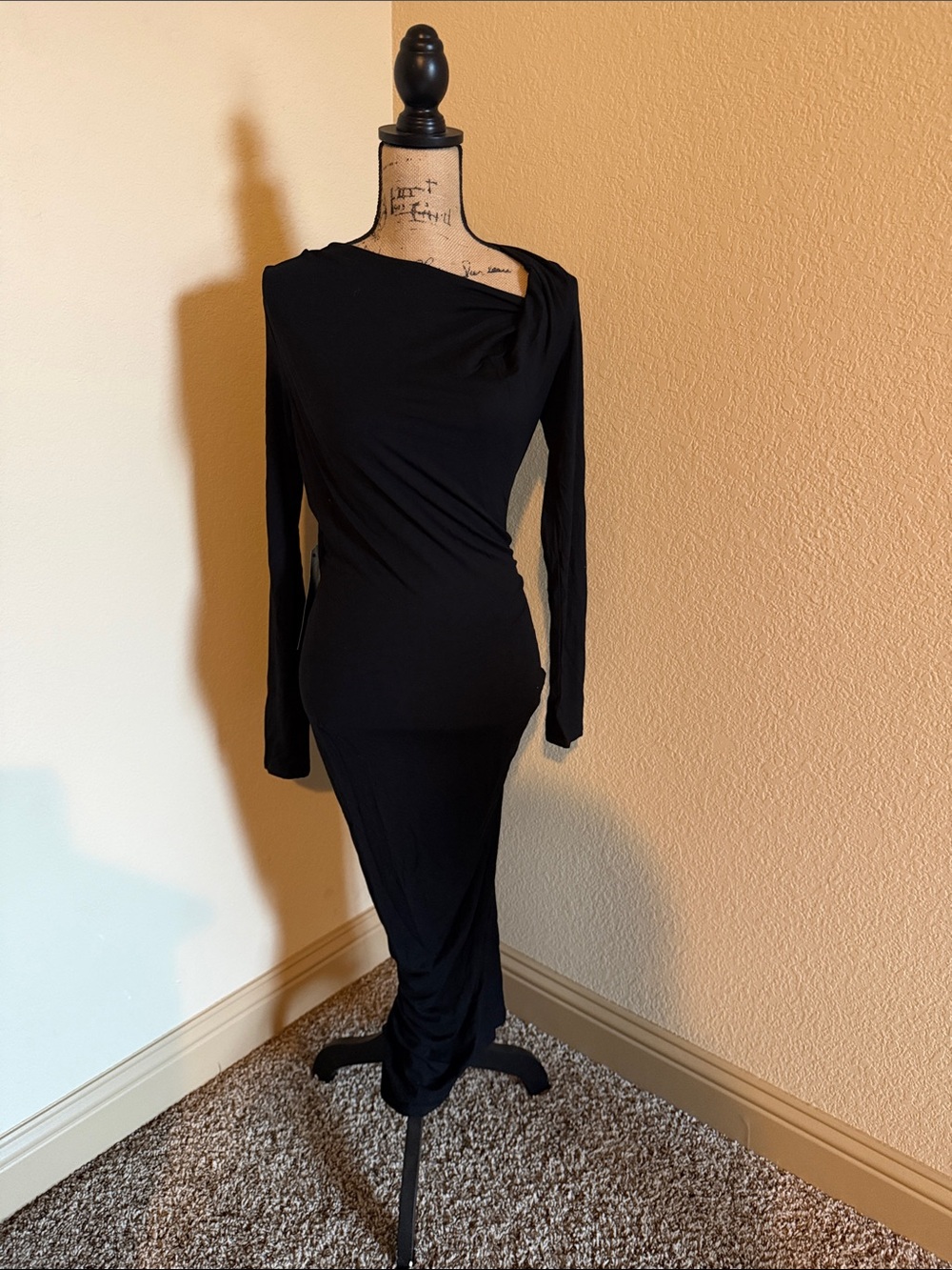 bebe Black Long Sleeve Draped Midi Dress
